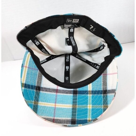 New Era Oakley 7 1/4  Fitted Hat Ball Cap Blue White Plaid - Picture 5 of 5